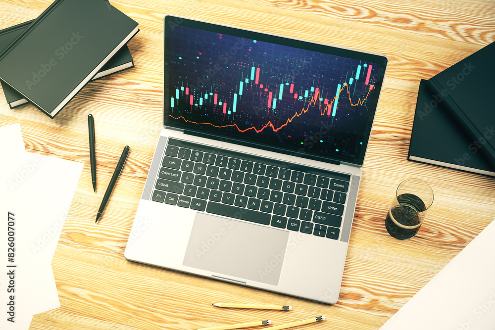 Leinwandbilder modern computer monitor with abstract creative financial chart, research and strategy concept. 3d re
