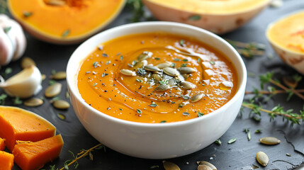 A closeup shot of a bowl of pumpkin soup served in a white porcelain bowl on a dark slate surface The soup is topped with roasted pumpkin seeds and a drizzle of olive oil Surroundi