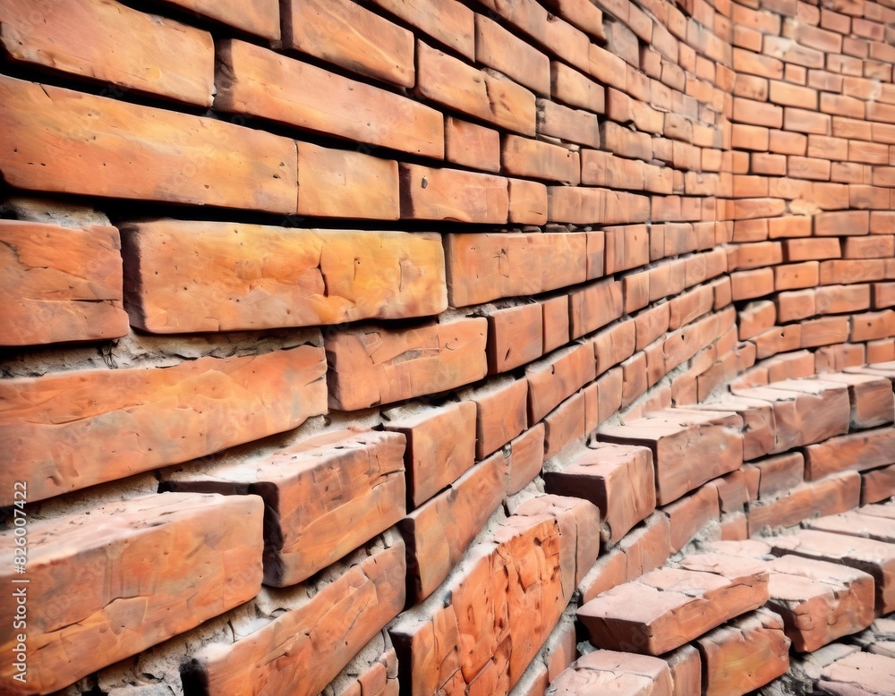 Poster close-up view of a red brick wall, highlighting the texture and staggered pattern, suitable for back