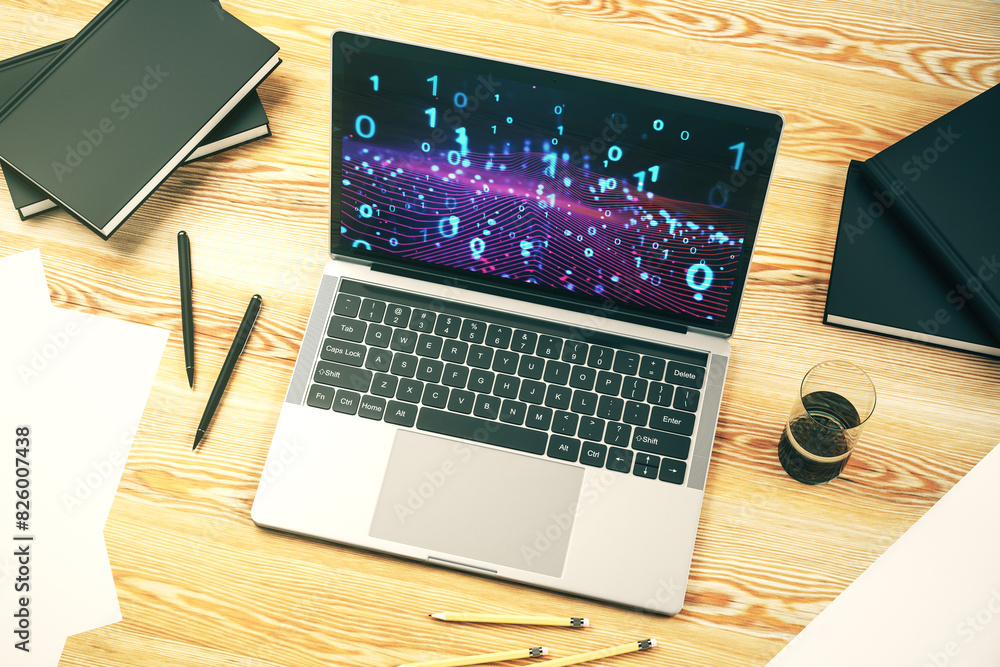 Aufkleber Creative abstract binary code hologram on modern computer monitor, AI and machine learning concept. 3D Rendering