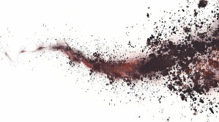 A trail of particles in an abstract background, with a film grain effect and a grainy texture, isolated on solid white background