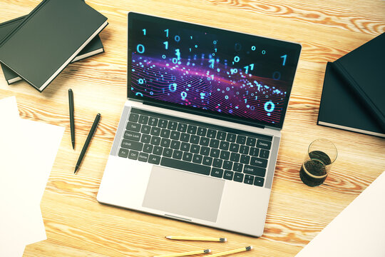 Creative abstract binary code hologram on modern computer monitor, AI and machine learning concept. 3D Rendering