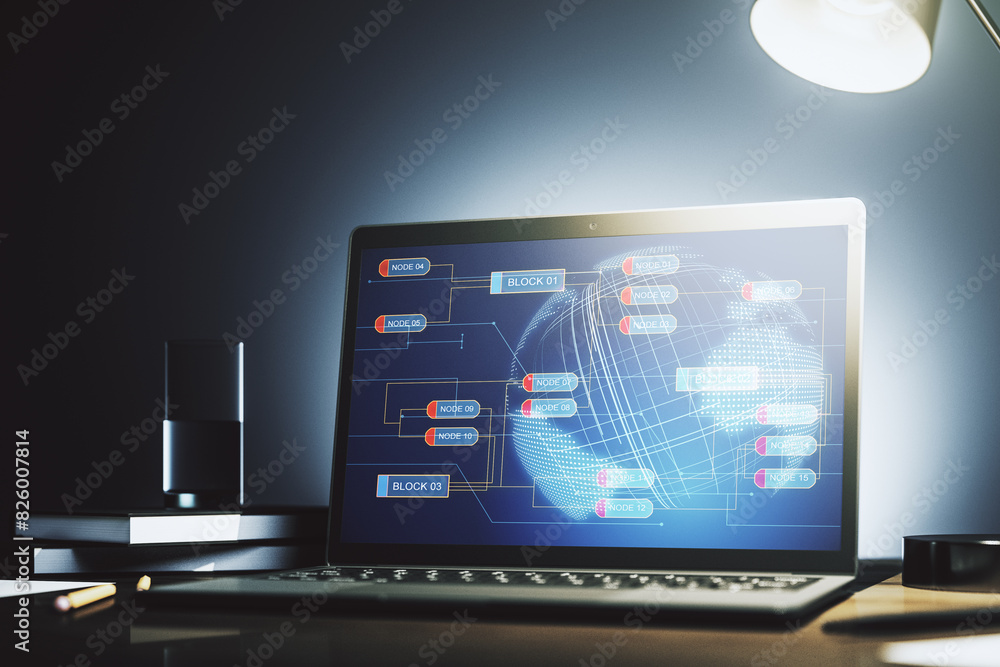 Poster Abstract creative coding illustration with world map on modern computer monitor, international software development concept. 3D Rendering