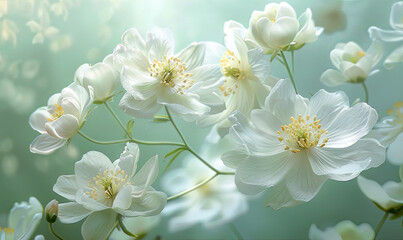 Light white flowers on ethereal green backdrop