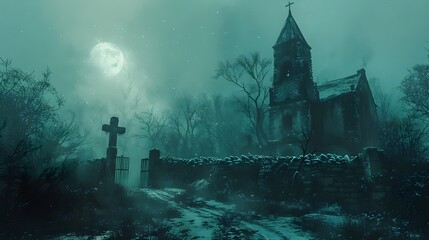 Haunting Supernatural Scene of Ghostly Castle Shrouded in Ominous Mist and Eerie Atmosphere