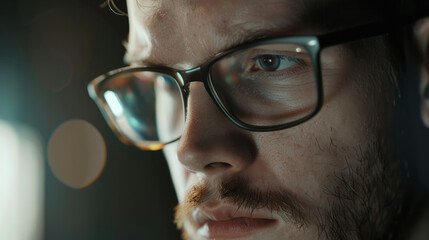 Intense young man with glasses focused on a computer screen in a low-lit room.