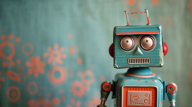 A funny retro-style robot with an expressive face and a fanciful expression on a plain background.