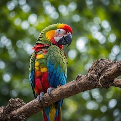 Close-up of a colorful parrot on a tropical tree branch