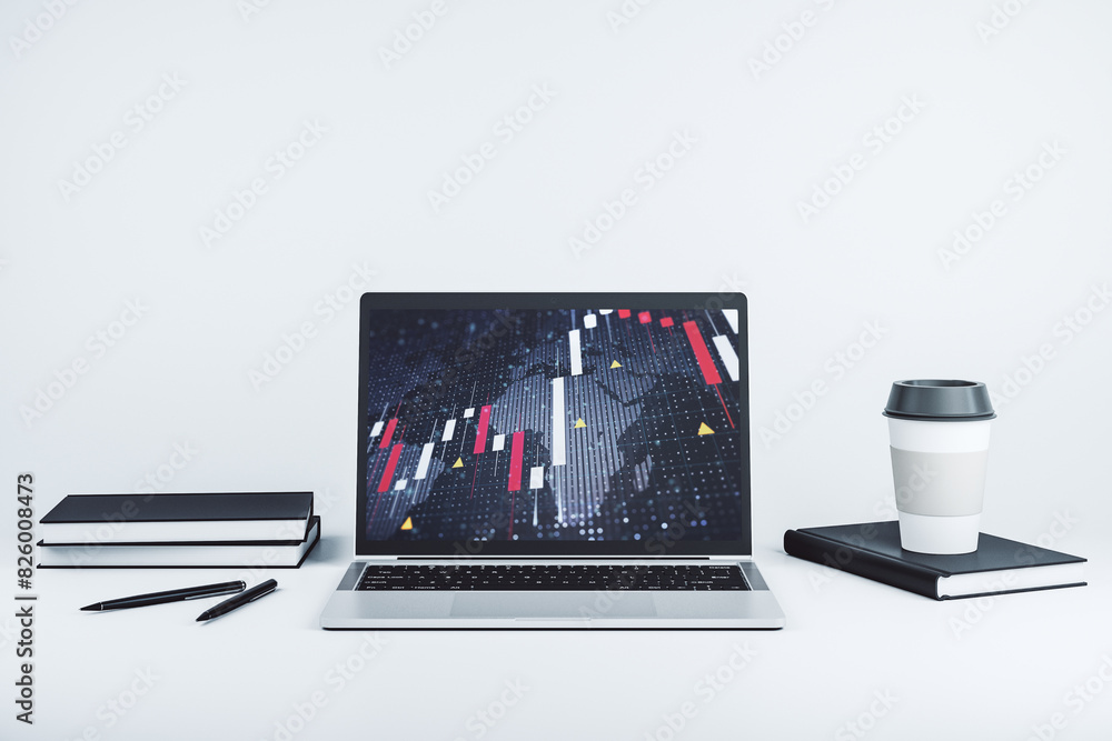 Poster Modern computer display with abstract financial graph with world map, financial and trading concept. 3D Rendering