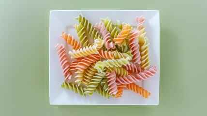 Overhead shot of mixed fusilli pasta varieties heaped on a white plate with a soft green background