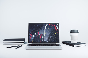 Modern computer display with abstract financial graph with world map, financial and trading concept. 3D Rendering