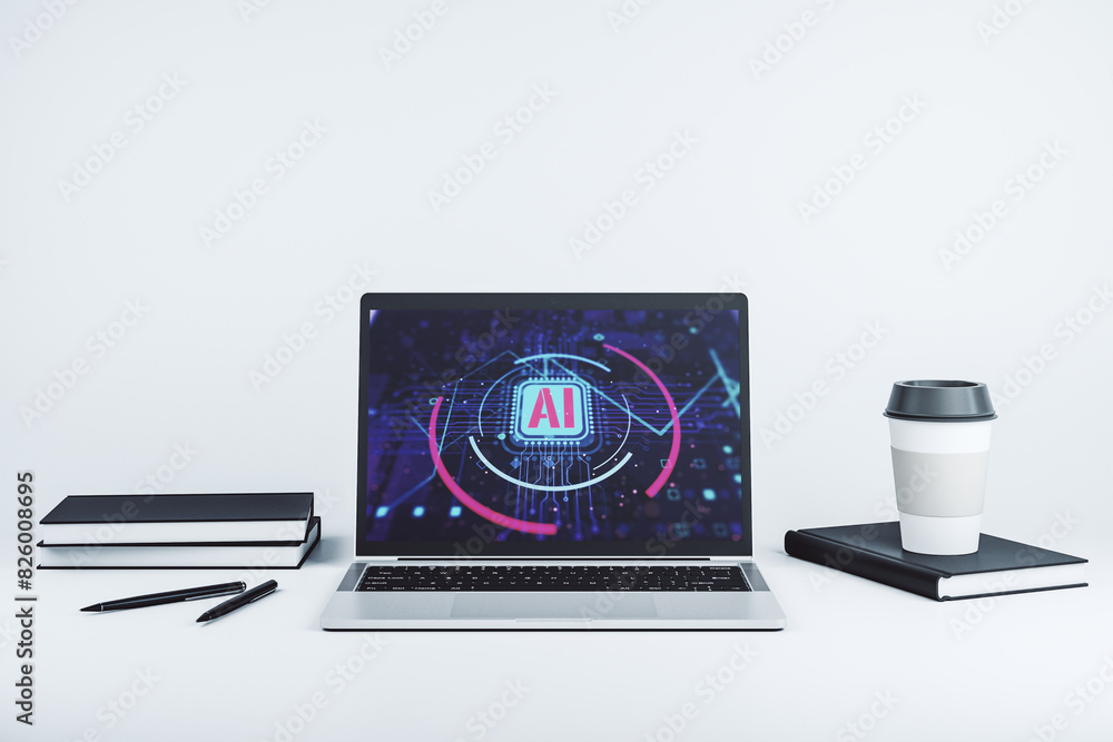 Poster Computer monitor with creative artificial Intelligence abbreviation. Future technology and AI concept. 3D Rendering