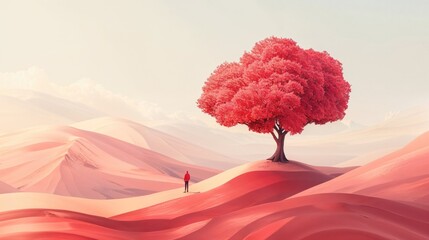 Minimalist Landscape Illustration with Tree and Rolling Hills. Nature Illustration with copy-space.