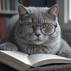Beautiful gray cat with glasses reading a book
