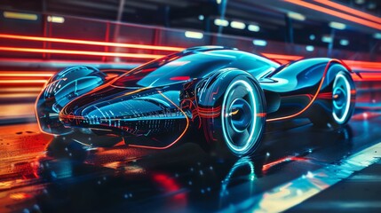 futuristic vehicle with sleek aerodynamic lines and neon light highlights