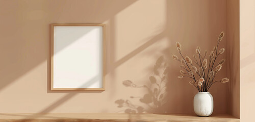 Empty frame gallery mockup on a light cinnamon wall, elegant and clean design