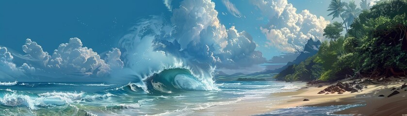Beautiful painting of a beach. The blue ocean is crashing against the sandy shore, and the palm trees are swaying in the wind. The sky is a bright blue with fluffy white clouds.