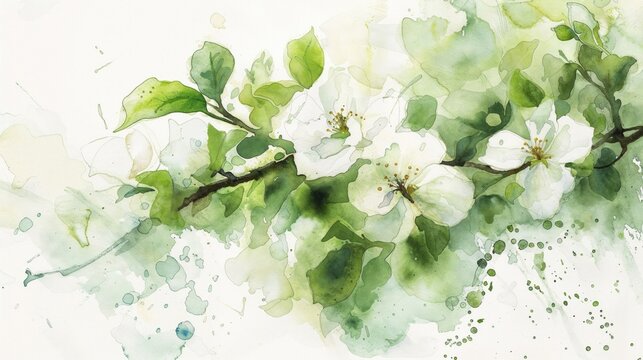 Beautiful Watercolour with Illustrated Flowers. Springtime Artwork with Floral Elements.