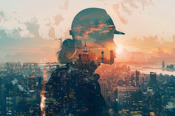 Double exposure of a man and cityscape.