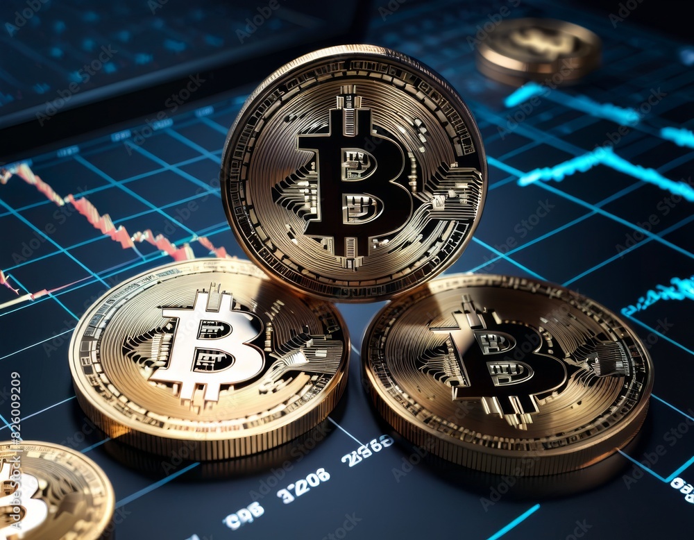Poster a close-up view of shiny bitcoin coins on a glowing digital screen showing financial charts, symboli