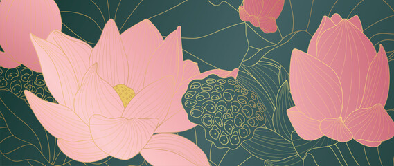 Luxury golden lotus flower line art background vector. Natural botanical elegant flower with gold line art. Design illustration for decoration, wall decor, wallpaper, cover, banner, poster, card.