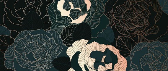 Luxury golden peony flower line art background vector. Natural botanical elegant flower on dark background. Design illustration for decoration, wall decor, wallpaper, cover, banner, poster, card. © TWINS DESIGN STUDIO