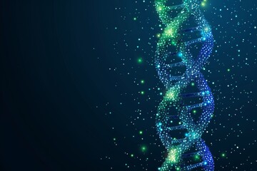 Abstract DNA helix with blue and green particles on a dark background, genetic research biogenetics and biotech DNA genomic editing and gene sequencing