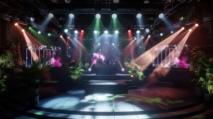 Live concert stage designed for online transmission, showcasing a blend of traditional stage elements with advanced digital enhancements, creating a visually stunning performance space.