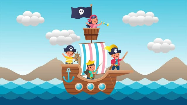 animation Kids pirate ship sailing in the sea with black skull flag. cartoon illustration.