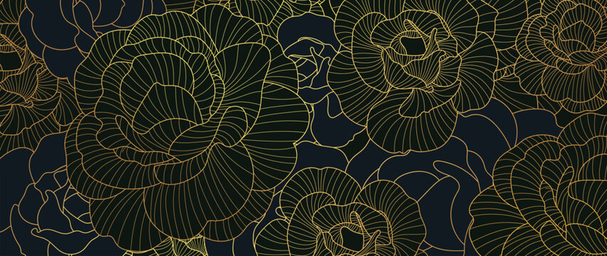 Luxury golden peony flower line art background vector. Natural botanical elegant flower on dark background. Design illustration for decoration, wall decor, wallpaper, cover, banner, poster, card.