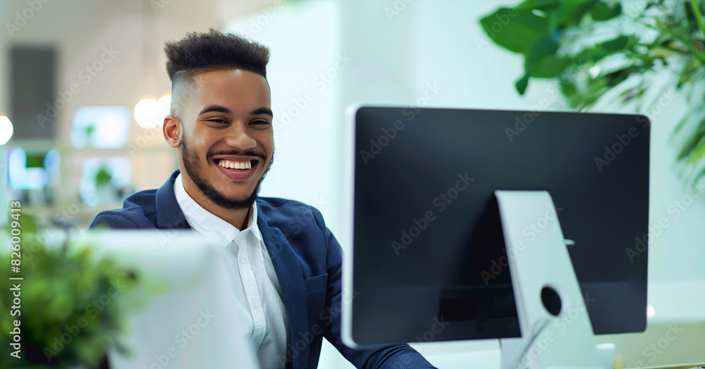 Poster a smiling man is sitting in front of a computer monitor. he is wearing a blue jacket and a white shi
