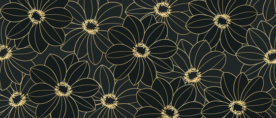 Luxury golden wild flower line art background vector. Natural botanical elegant flower with gold line art. Design illustration for decoration, wall decor, wallpaper, cover, banner, poster, card.