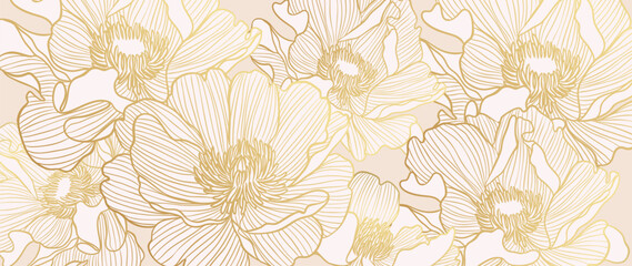 Luxury golden wild flower line art background vector. Natural botanical elegant flower with gold line art. Design illustration for decoration, wall decor, wallpaper, cover, banner, poster, card. © TWINS DESIGN STUDIO