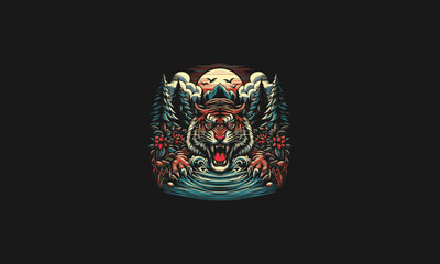 Fototapeta premium tiger angry on forest and lake vector artwork design