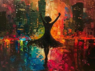Fototapeta premium Oil painting of a ballerina dancing on a colorful abstract background.