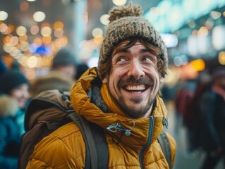 Fototapeta premium Portrait of a smiling man in warm clothes with a backpack in the city.