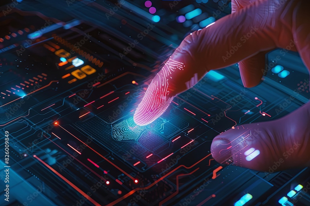 Poster a finger is touching a fingerprint on a circuit board with a biometric scanner in the background, sh
