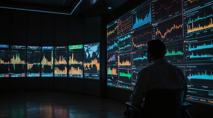 intersection of technology and finance in this documentary, featuring illuminated bar graphs and detailed trading charts as the backdrop