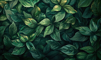 Lush greenery of overlapping leaves in the dark