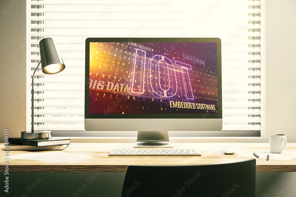 Poster creative iot concept on modern laptop screen. 3d rendering