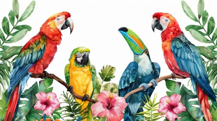 Four parrots on the branch