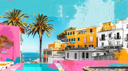 abstract collage of a summer with the sea, palm trees and colorful buildings