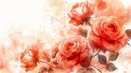 A beautiful watercolor painting of red roses in bloom, with delicate petals and green leaves, creating a soft and elegant floral composition.