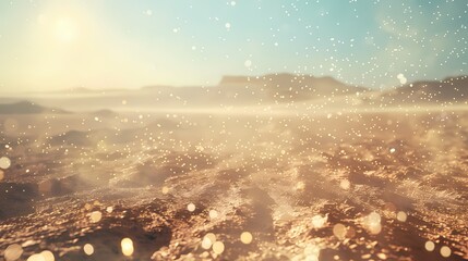 A vast, windswept desert landscape, with a defocused backdrop of gently glowing particles -