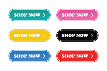 Shop now button. Shop now button with hand cursor set. Set of button shop now online shopping. Click here, buttons  pointer clicking. Vector illustration in flat design.