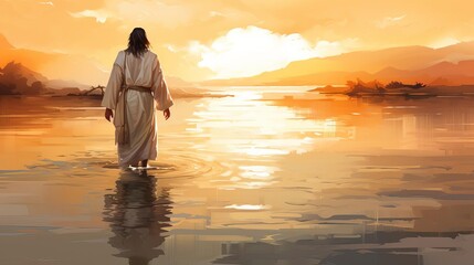 Jesus walking on tranquil water, radiating divine light in a traditional oil painting style