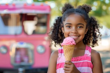 cute little african american girl holding ice cream in waffel cone; pink food truck in park