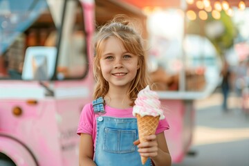 cute little girl holding ice cream in waffel cone; pink food truck in park