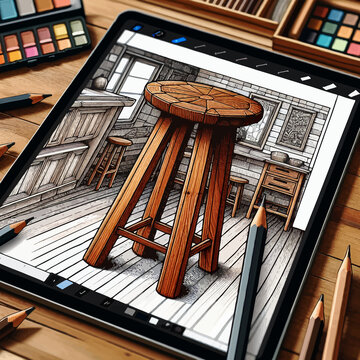 Wooden stool drawn on a tablet.
