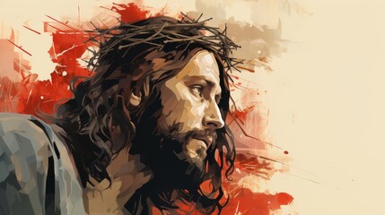 Create a poignant depiction of Jesus from the side, adorned with a realistic, intricate crown of thorns, evoking a deep sense of empathy, using digital photorealistic techniques